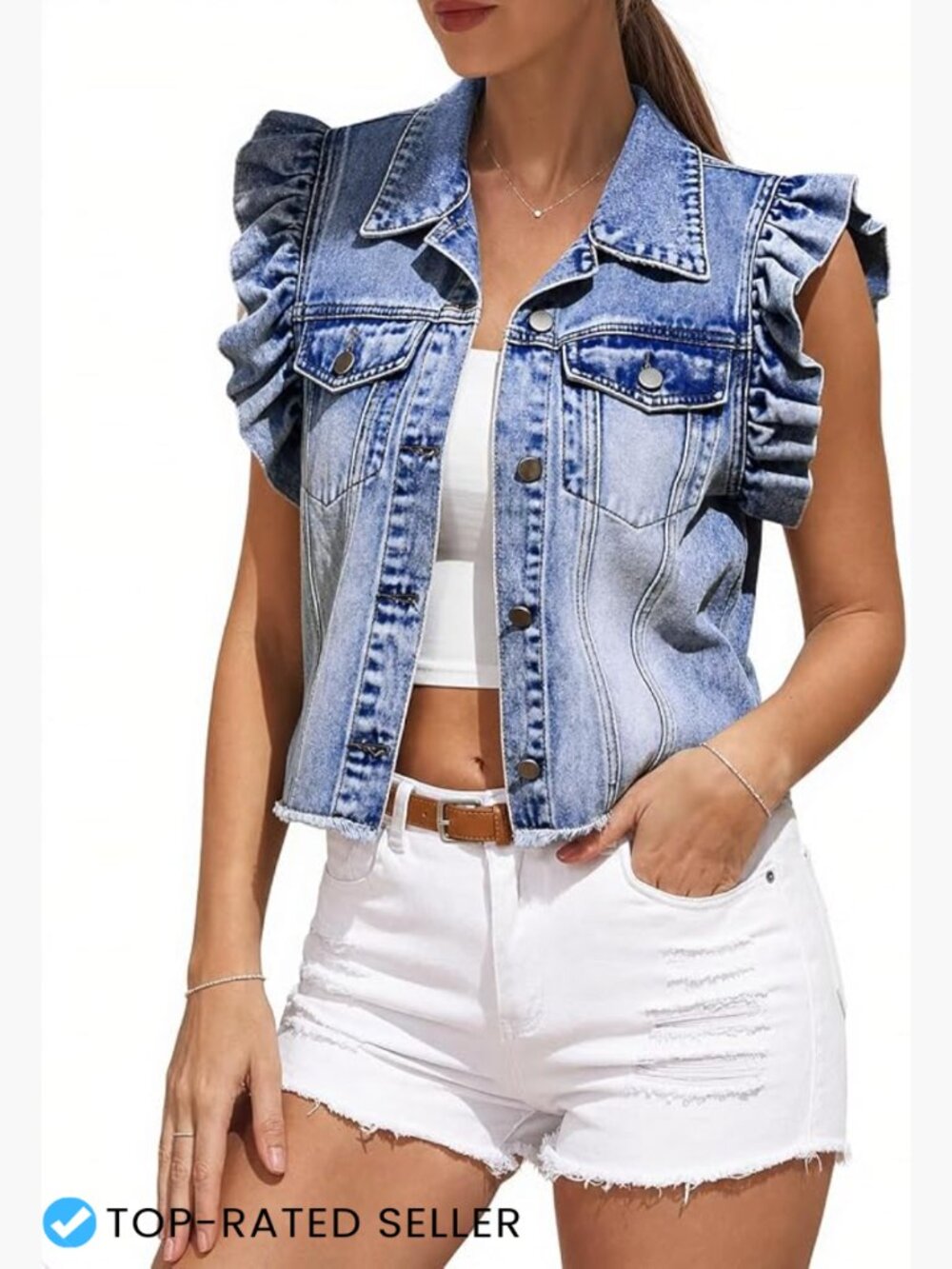 Ruffle Sleeve Denim Vest Cropped Jean Jacket Vintage Washed